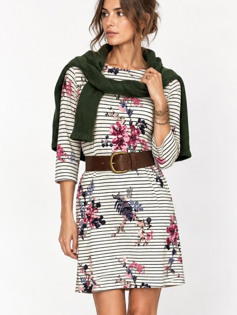 Joules Stripe Floral Cotton Dress Mix Pattern Long Sleeve